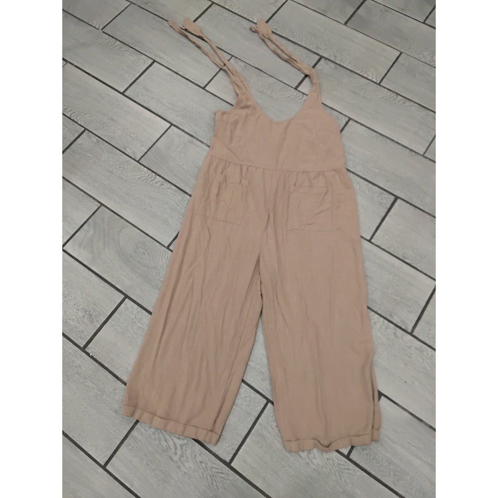 ZESICA Tan Linen Blend Cropped Jumpsuit‎ Overalls Wide Leg Tie Strap XL